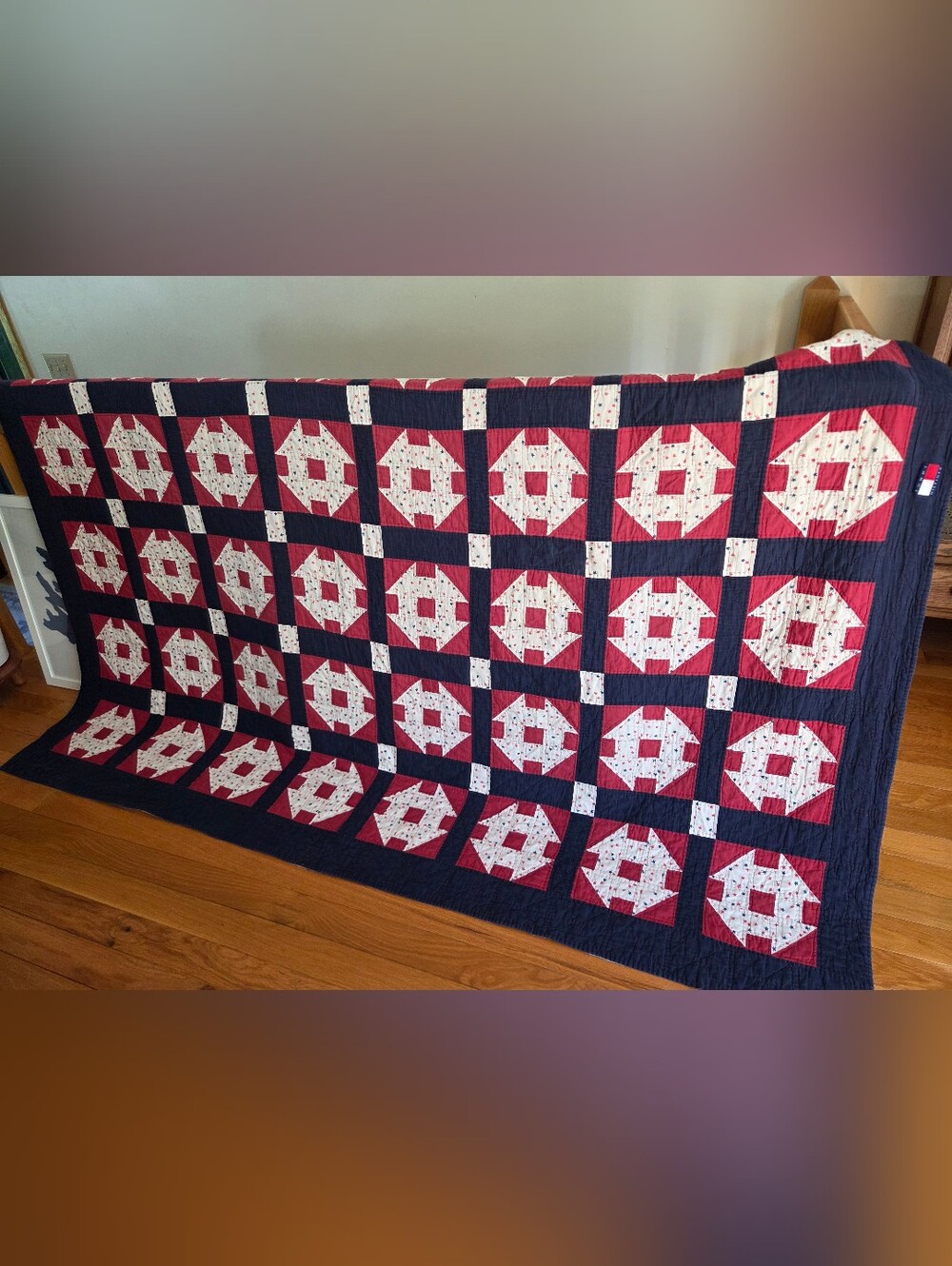 90s Tommy Hilfiger Navy, Red & Cream Patchwork Quilt